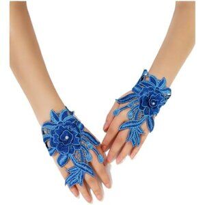 Women's A-D-Blue Flowers Embroidered Lace Gloves Cocktail Party Costumes